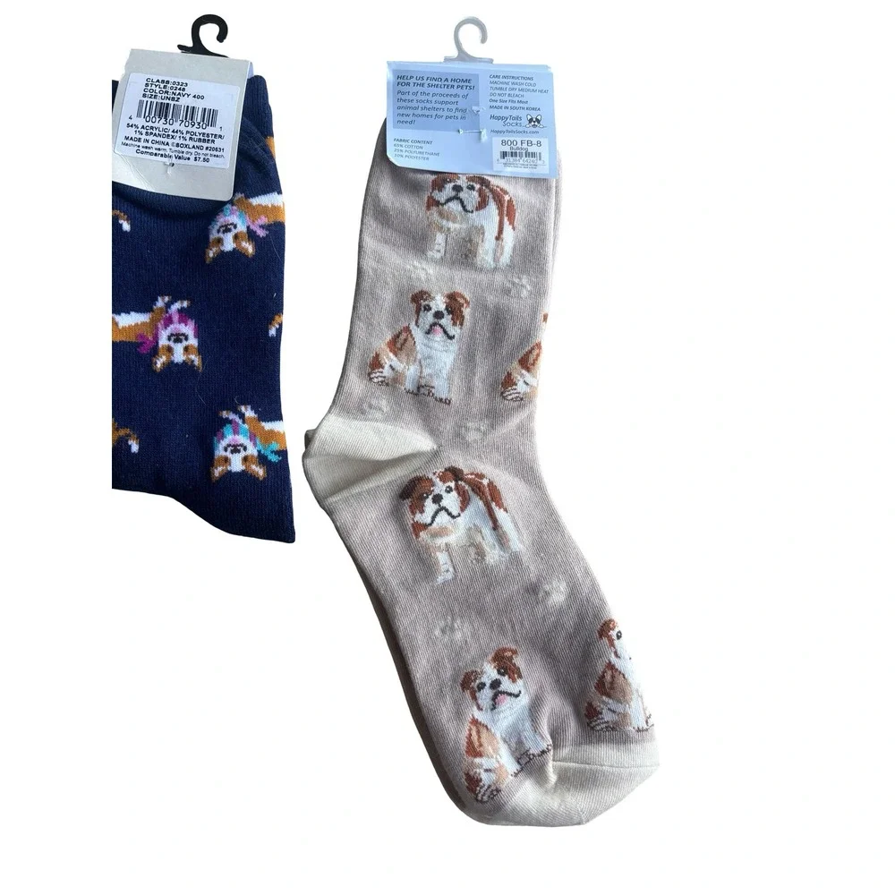 G.H. Bass & Happy Tails Dog Socks Bundle Corgi Bulldog Navy‎ Tan NWT One Size